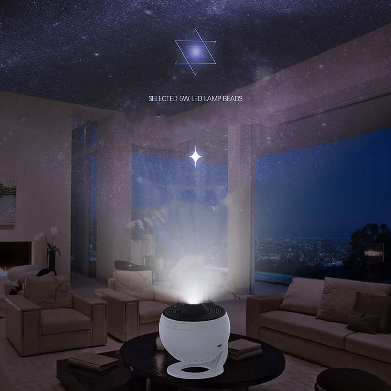 Night light galaxy projector illuminating a starry sky in a cozy living room with selected LED lamp beads.
