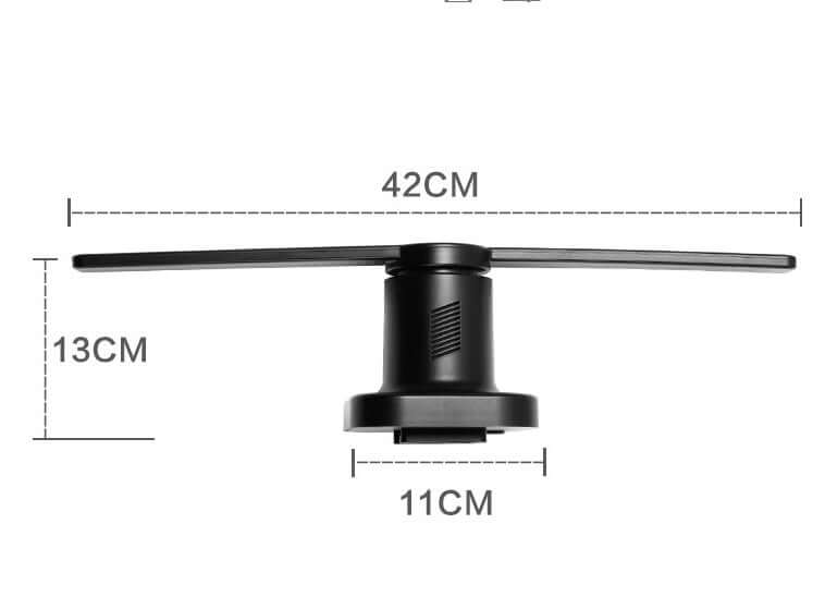 3D holographic projector display fan dimensions: 42cm width, 13cm height, 11cm base.