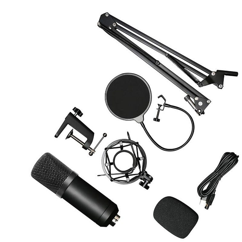 Complete BM-700 Condenser Microphone Set including mic, pop filter, shock mount, USB cable, and mounting accessories for music and recording.