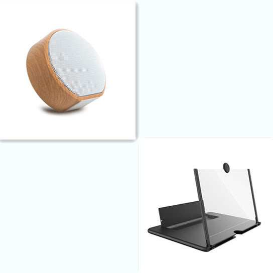 Mini Wood Bluetooth Speaker with white mesh grille next to a phone screen magnifier, showcasing compact and portable design.