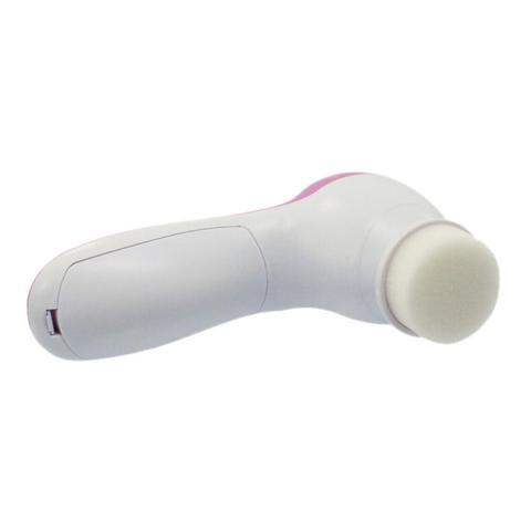 Compact electric facial cleanser with interchangeable brush heads for cleansing, exfoliating, and massaging skin.