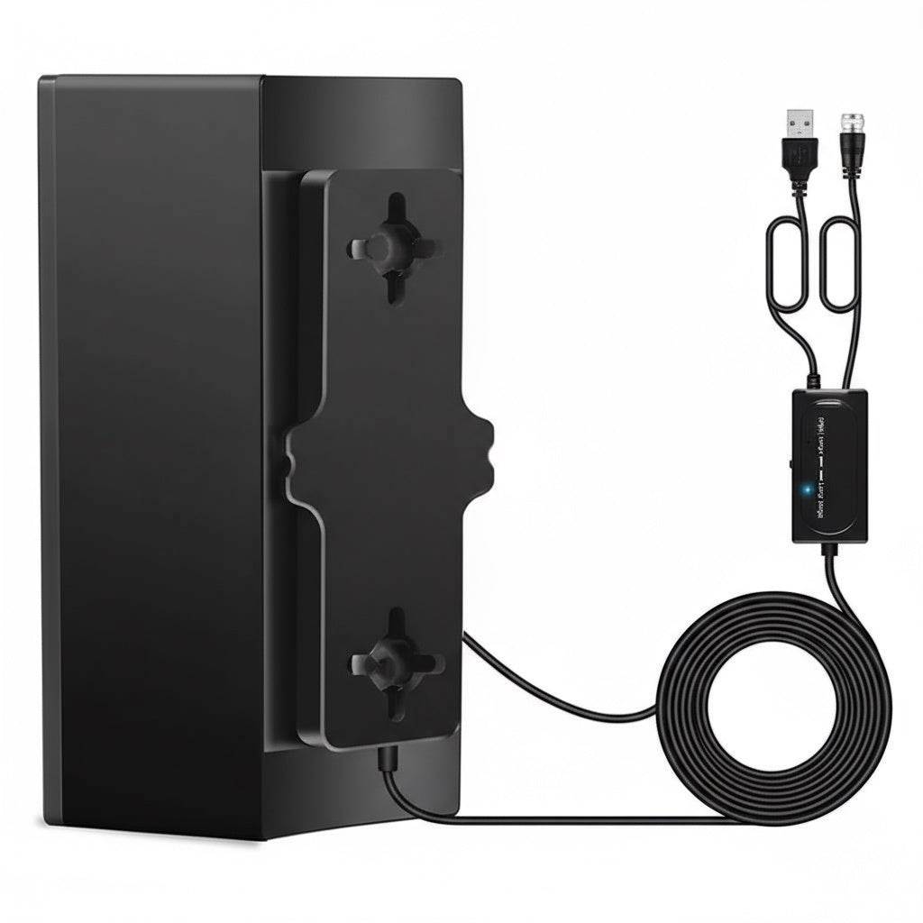 Compact black indoor TV antenna with in-line amplifier, LED indicator, USB power, and long coax cable for Home HD Mode reception.