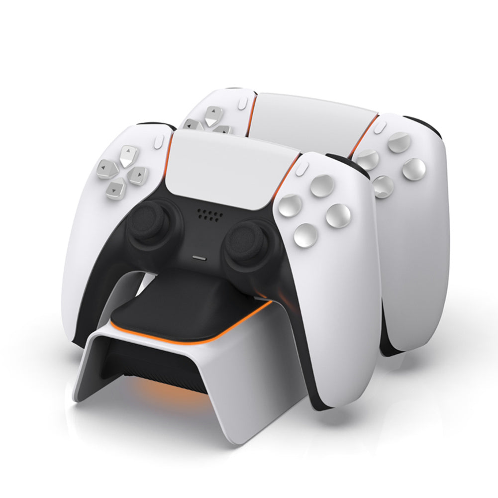 Ps5 Gamepad Dual Charger with two wireless PS5 controllers docked, featuring a sleek white and black ABS design with orange LED accent.