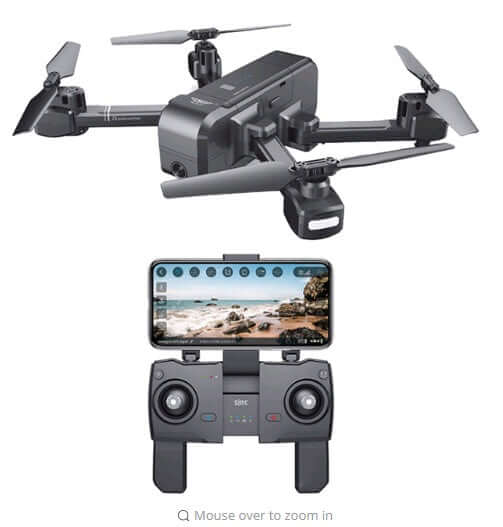 Folding quadcopter with remote control and smartphone holder, showcasing GPS-assisted flight features.