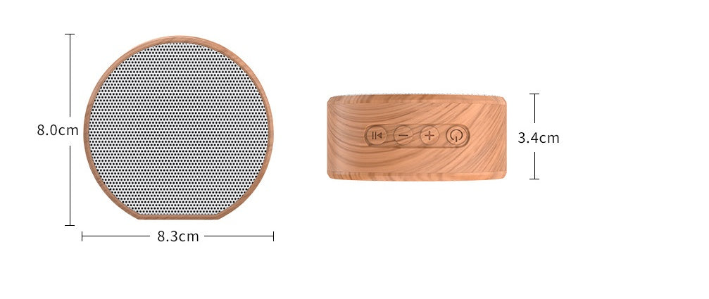 Dimensions of Mini Bluetooth Speaker Outdoor Portable with 8.3cm width and 3.4cm height, featuring wood texture and control buttons.
