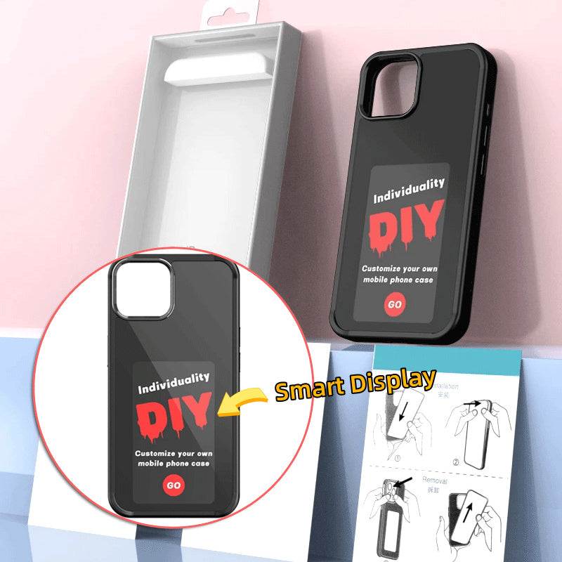 Black E-ink screen phone case with customizable smart display and DIY image projection for iPhone models