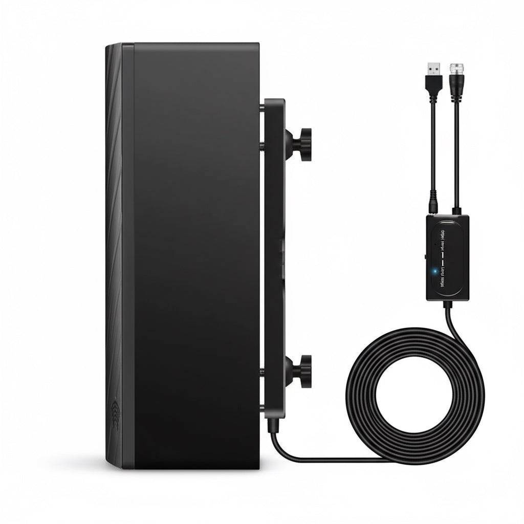 Compact black indoor TV antenna with in-line USB-powered amplifier and long coax cable for home HD mode reception