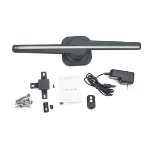 3D holographic projector parts and accessories including remote, user manual, power adapter, and mounting hardware.