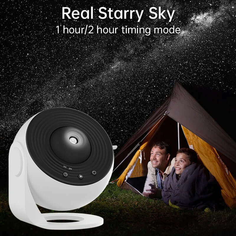 Night light galaxy projector creating a starry sky effect with kids enjoying in a tent, featuring 1 and 2 hour timer options.