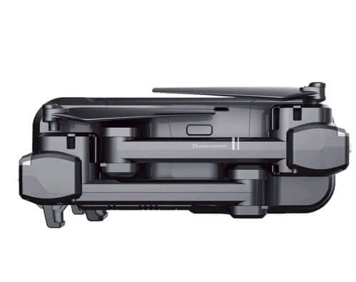 Folded black quadcopter drone showcasing compact design with sleek lines and durable construction.