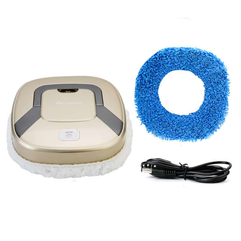Beige cleaning robot with blue scrubber and power cord on a white background