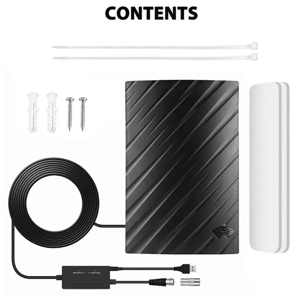 Compact black indoor TV antenna with amplifier, coax cable, USB power, mounting screws, cable ties, and adhesive for Home HD Mode