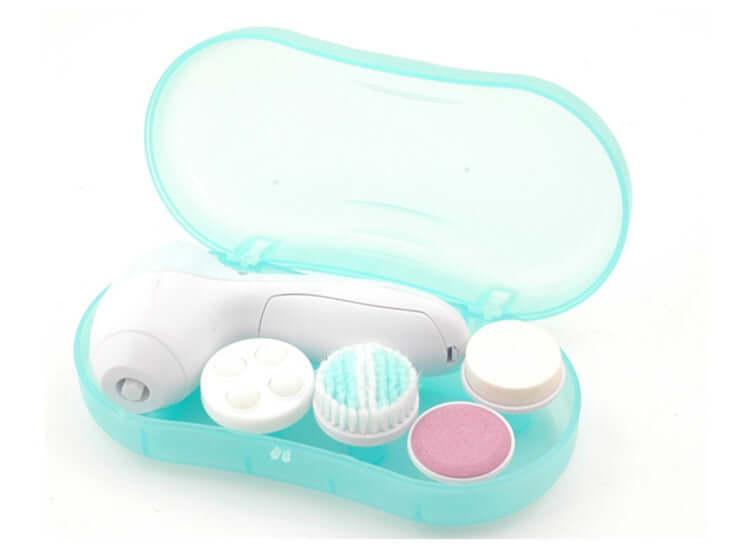 Compact electric facial cleanser kit with multiple interchangeable heads for cleansing, exfoliating, massaging, and applying makeup.