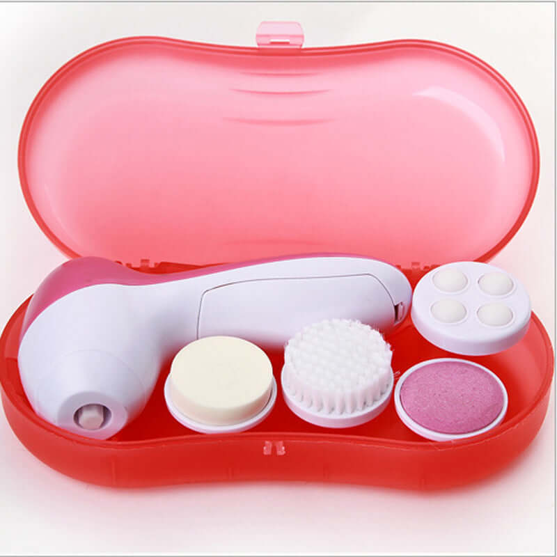 Electric Facial Cleanser with five interchangeable heads in pink and white, travel case included