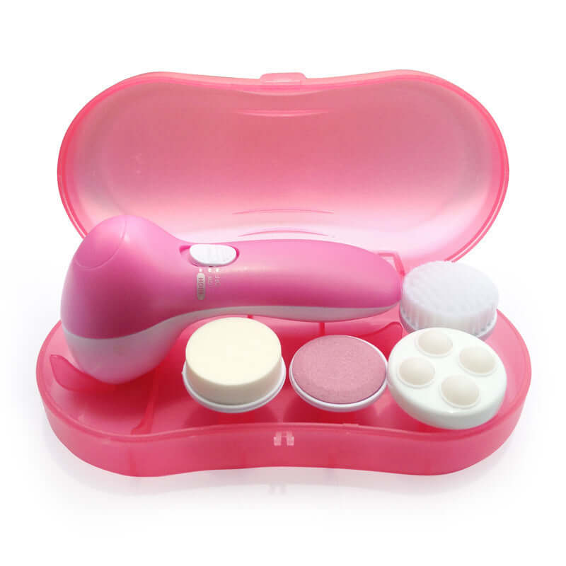 Pink electric facial cleanser with five interchangeable heads in a pink travel case