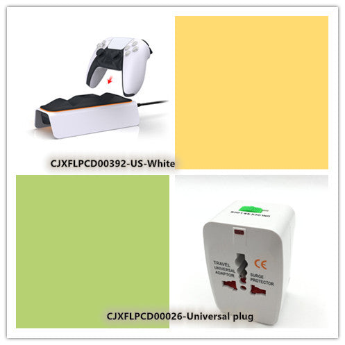 Ps5 Gamepad Charger with controller placement guide and universal travel plug adapter, ideal for global gamers and travel use.