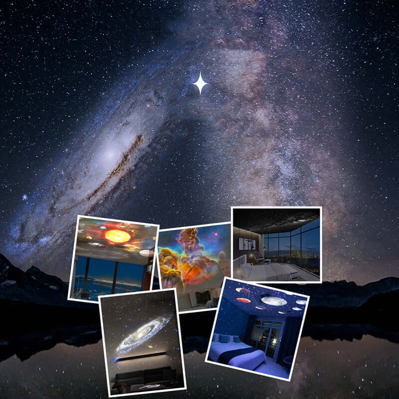 Night Light Galaxy Projector showcasing 12 display scenarios of the cosmos, perfect for kids' bedrooms and romantic settings.