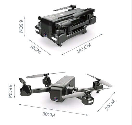Folding quadcopter drone shown in both folded and expanded sizes. Compact design ideal for easy transport and storage.