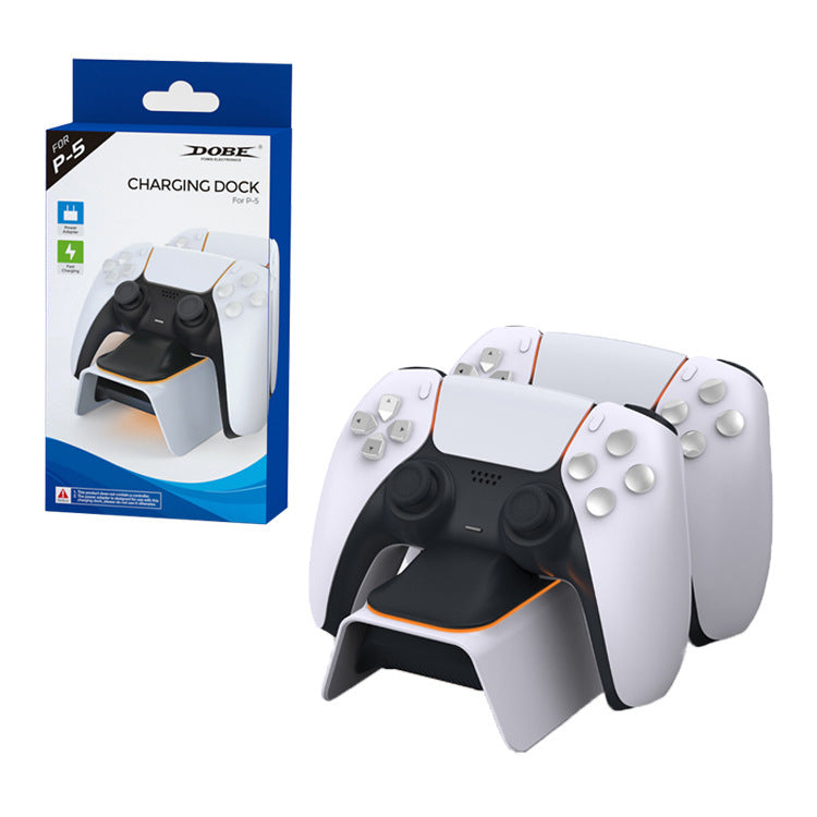 Retail packaging of Ps5 Gamepad Dual Charger with two controllers docked, highlighting product branding and compatibility with PS5.