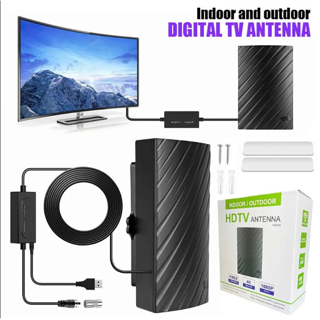 Compact black indoor and outdoor HDTV antenna with amplifier, USB power, coax cable, and mounting accessories for home HD mode