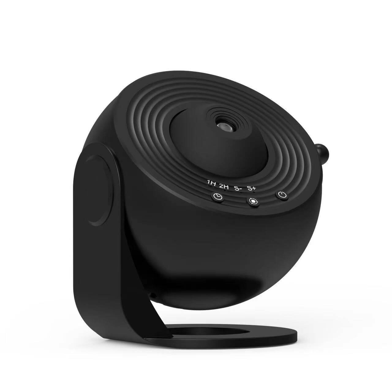 Black night light galaxy projector designed for kids, featuring adjustable timer and 360-degree rotation.