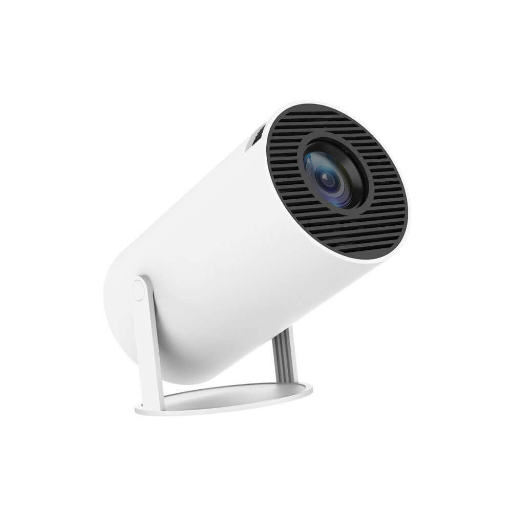 Compact white portable projector with sleek design and adjustable stand for home use.