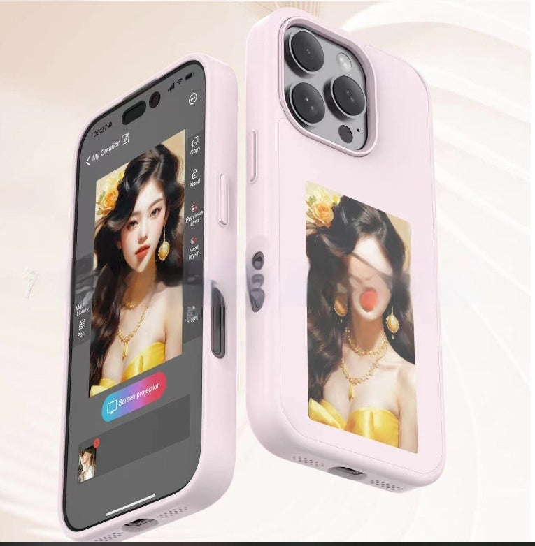 Pink E-ink screen phone case displaying personalized image projection on iPhone rear and front screens