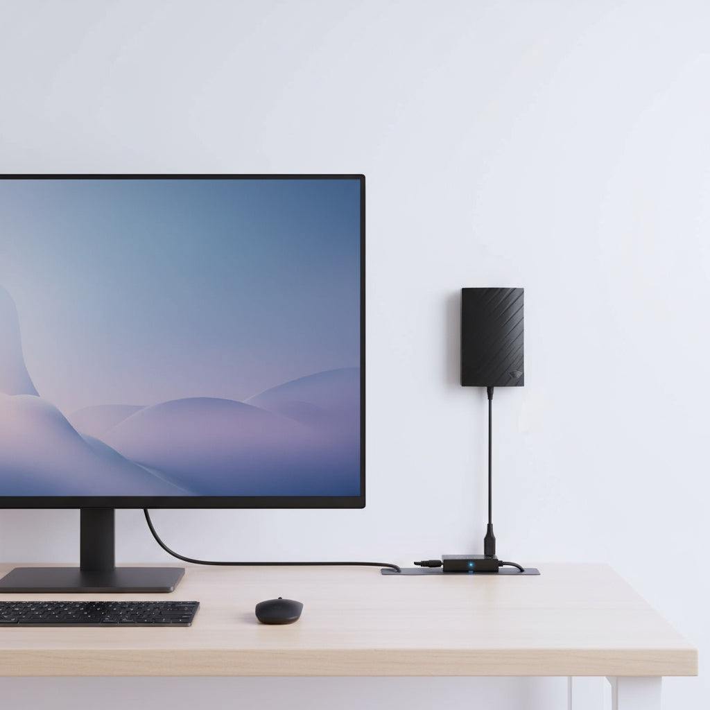 Compact black indoor TV antenna with in-line amplifier and LED, mounted on wall beside a monitor in Home HD Mode setup