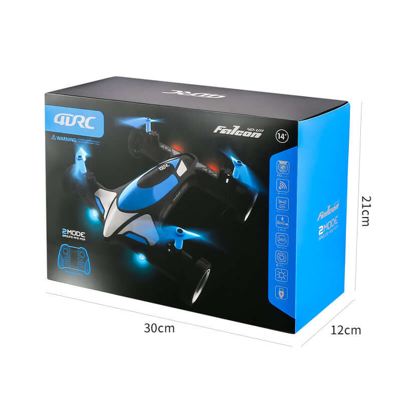 Flying Car Drone in blue box, featuring land and air dual mode design with remote control, suitable for kids.
