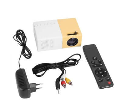 Portable YG300 mini projector with remote, charger, power cord, and audio/video cables.