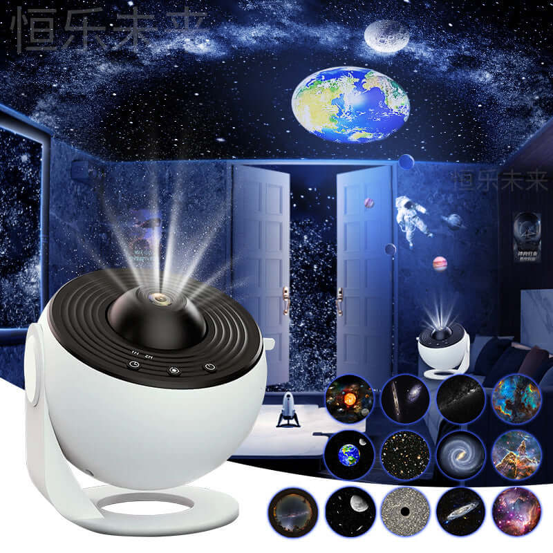 Night Light Galaxy Projector showcasing a starry sky with celestial images, perfect for kids' bedrooms and gifts.