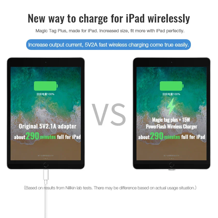 Comparison of iPad wireless charging speed between original 5V2.1A adapter and Nillkin Magic Tag Plus with 15W PowerFlash wireless charger