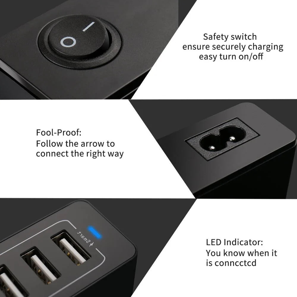 Close-up of 60W USB charger station features including safety switch, LED indicator, and fool-proof connection guide for secure charging.