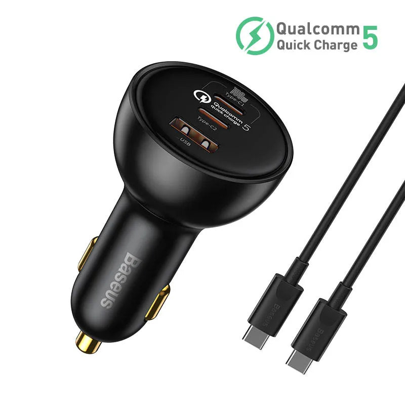 Baseus 160W car charger with Qualcomm Quick Charge 5, dual USB Type-C ports, and USB port for fast charging iPhone and laptops.