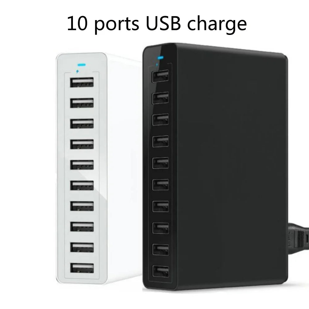 10-port USB charger station with 60W fast charge capability, shown in black and white, perfect for home or office multi-device charging.