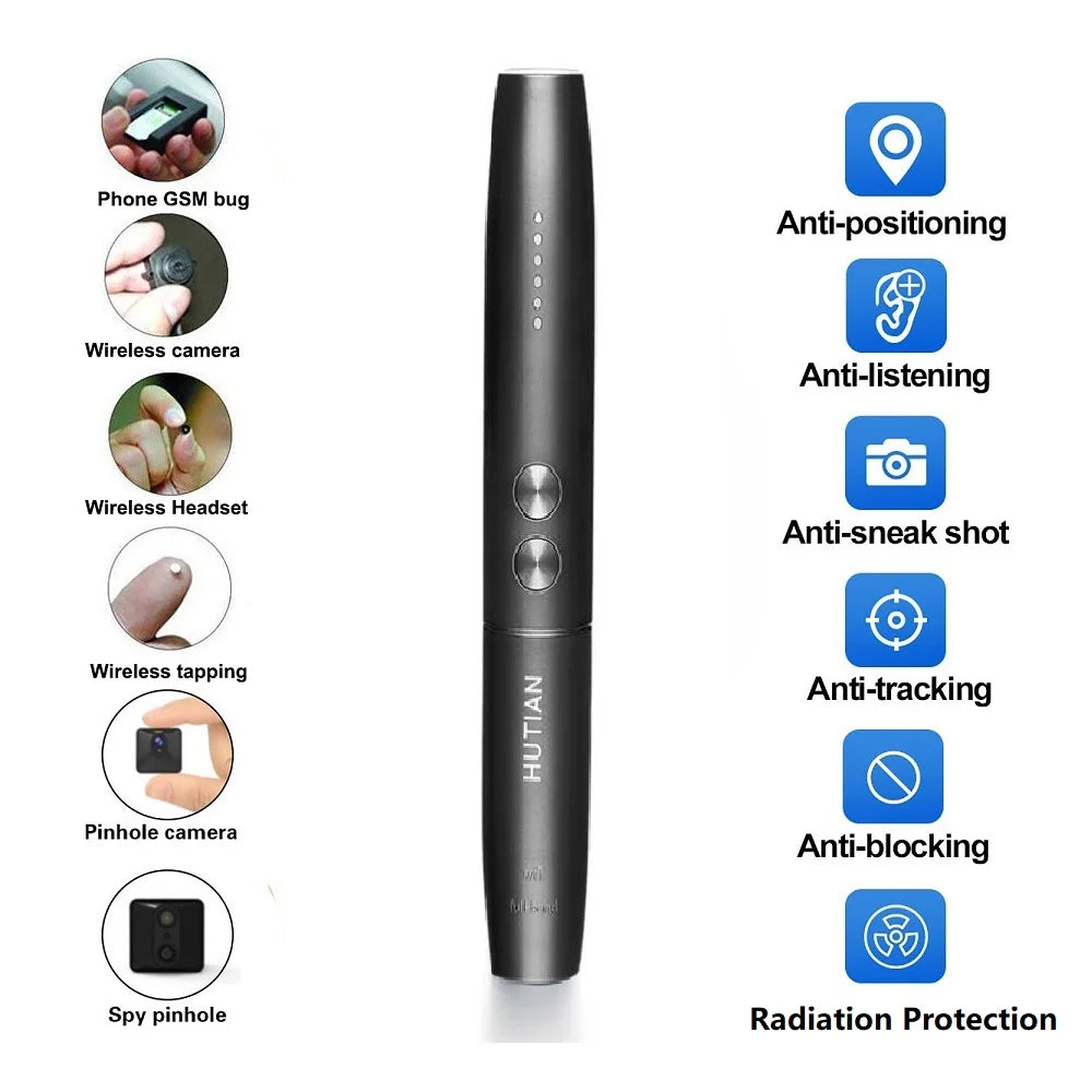 Hidden cam pen wireless RF signal finder and anti-spy camera detector with anti-positioning, anti-listening, anti-tracking, and radiation protection features