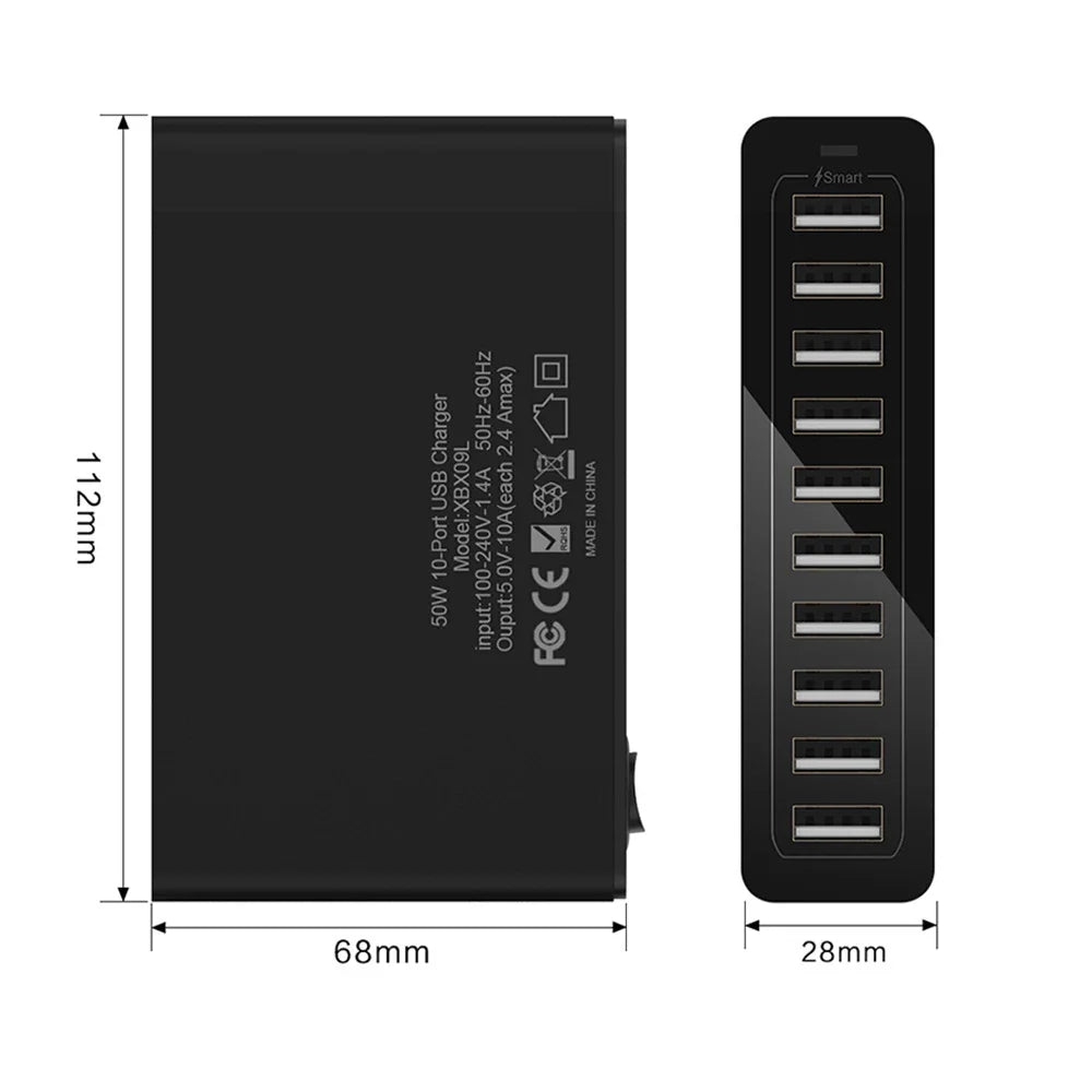 Dimensions of 60W 10-port USB charger station with labeled measurements, compact design ideal for desktop or travel charging needs.