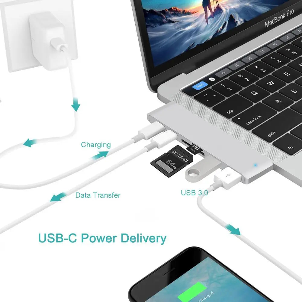 MacBook Pro connected to USB C Hub Adapter with SD card, USB drive, and charging cable. Supports USB-C power delivery and data transfer.