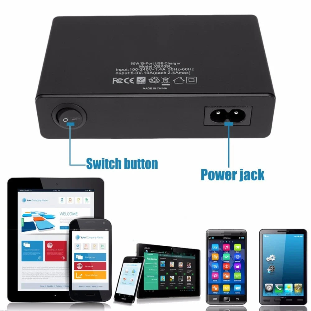 Back view of 60W USB charger station showing power jack and switch button, compatible with smartphones, tablets, and other USB devices.