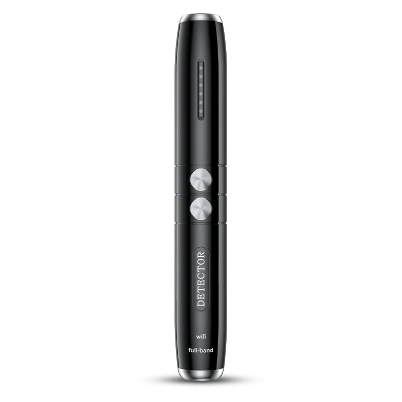 Black hidden cam pen detector with dual silver buttons for wireless RF signal and bug detection
