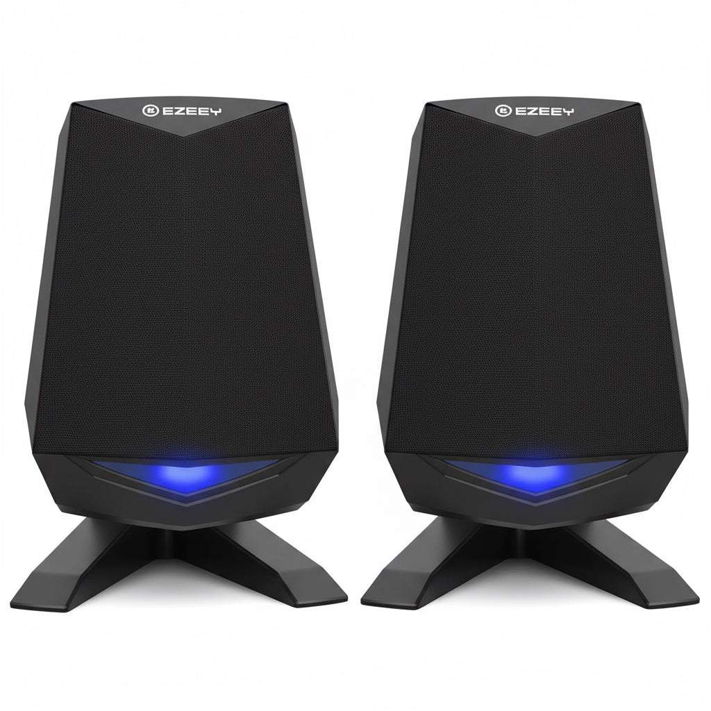 Compact USB computer multimedia speakers with blue LED accents and front metal mesh grilles