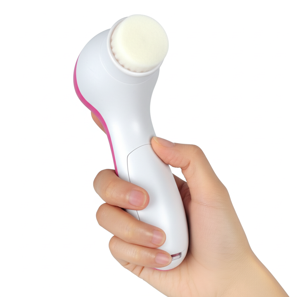 Hand holding compact electric facial cleanser with soft brush head for skincare and exfoliation.