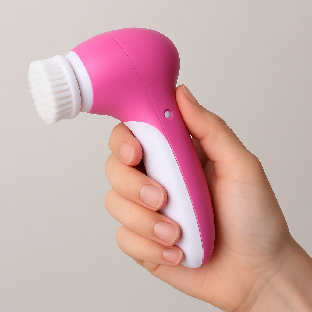 Hand holding pink and white electric facial cleanser brush with soft bristle head for skin cleansing and exfoliation