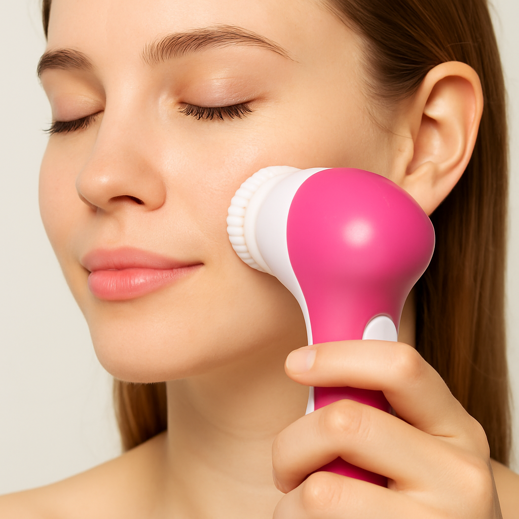 Woman using pink and white electric facial cleanser brush for smooth skin care routine
