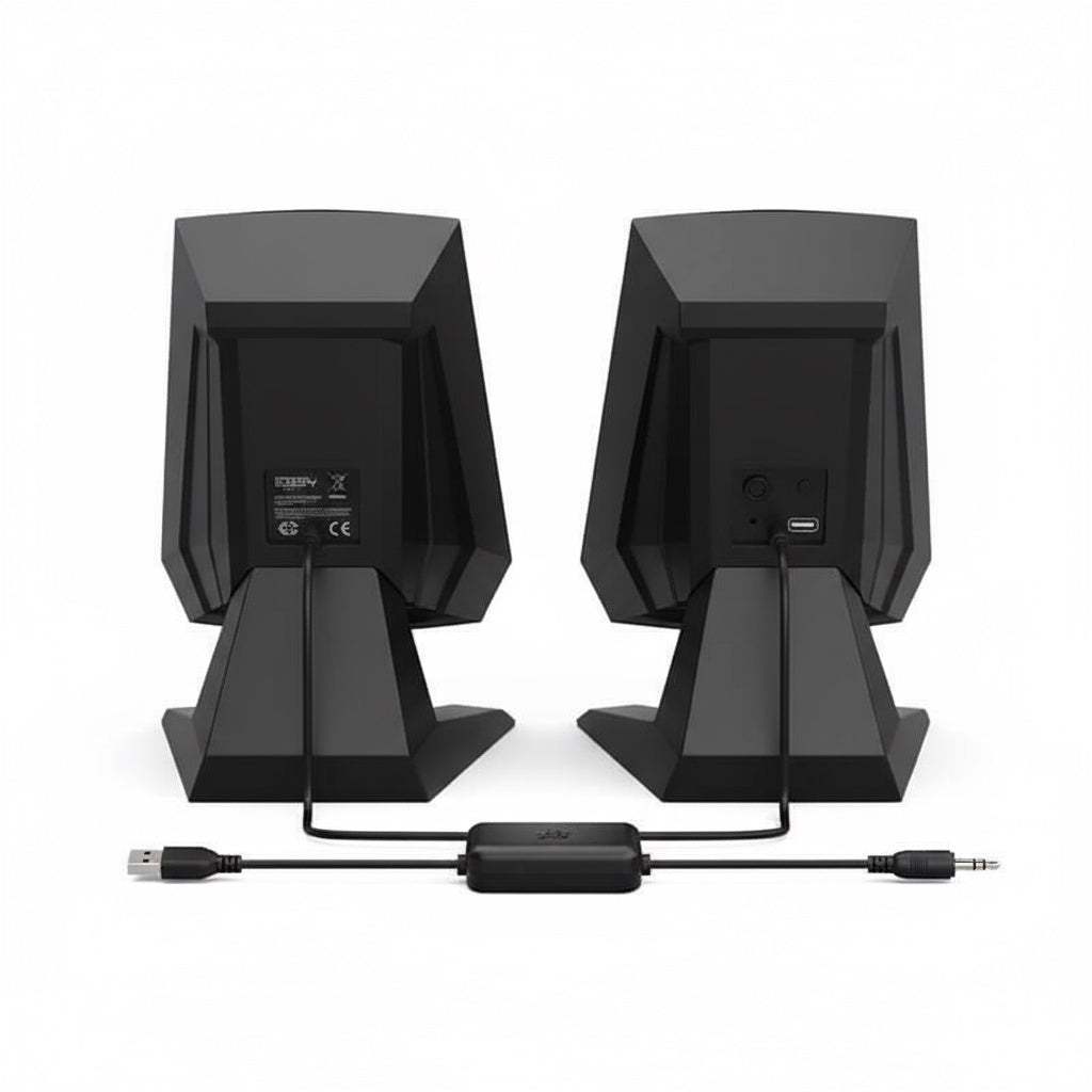 Back view of compact USB computer multimedia speakers with wired USB and 3.5mm audio connections and rear volume control knob