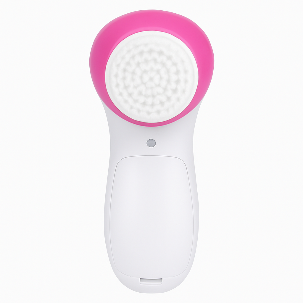 Compact pink and white electric facial cleanser with interchangeable brush head for deep cleansing and exfoliation