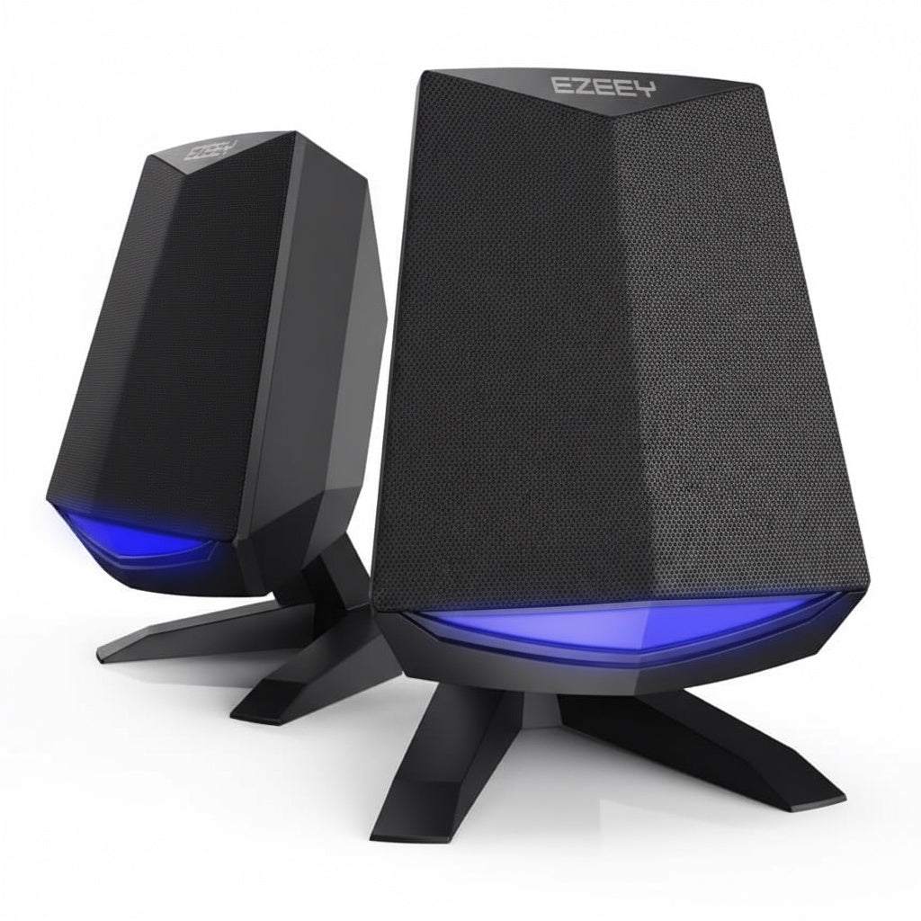 Compact USB computer multimedia speaker pair with blue LED accent and modern angular design