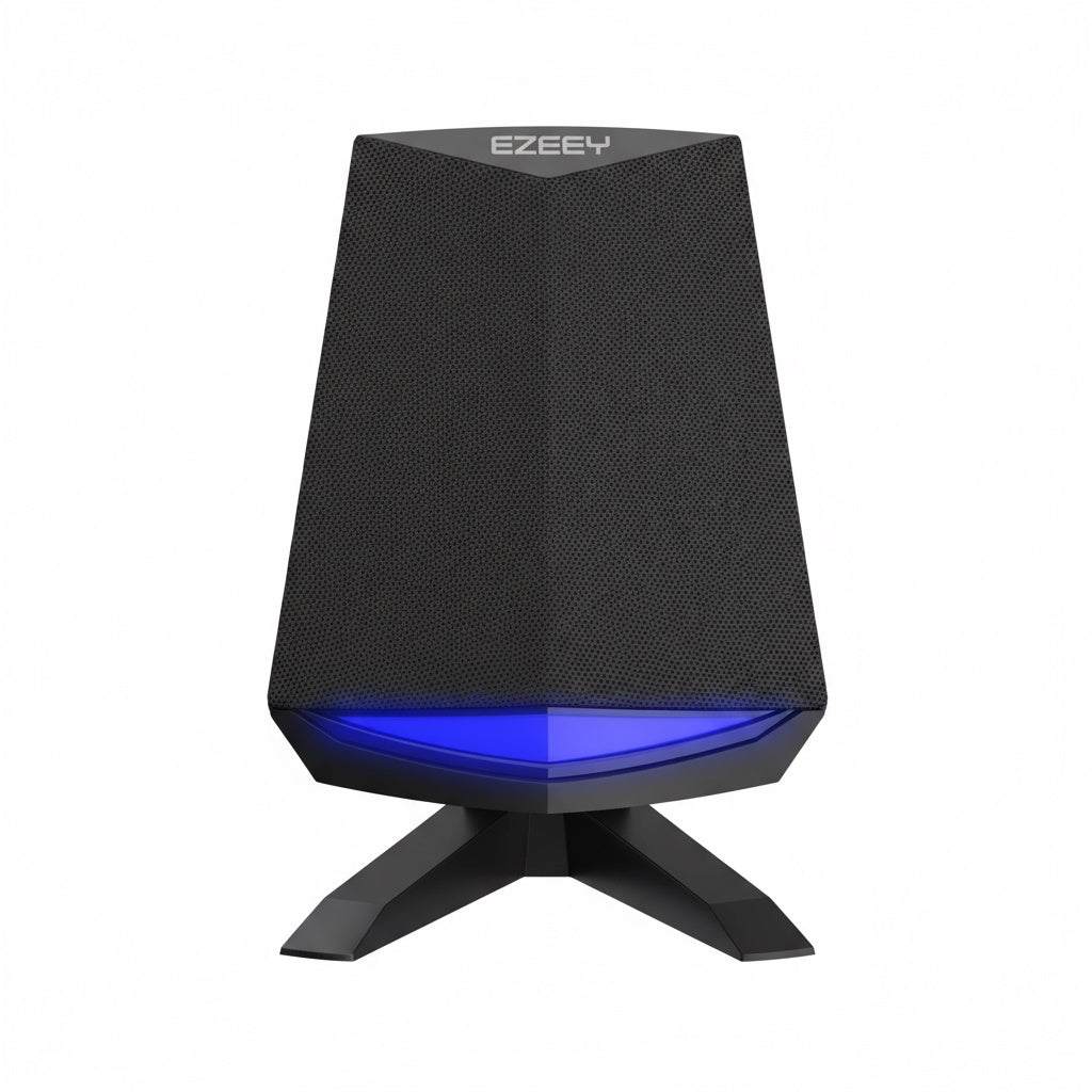 Compact USB computer multimedia speaker with black angular design and blue LED accent on desktop stand