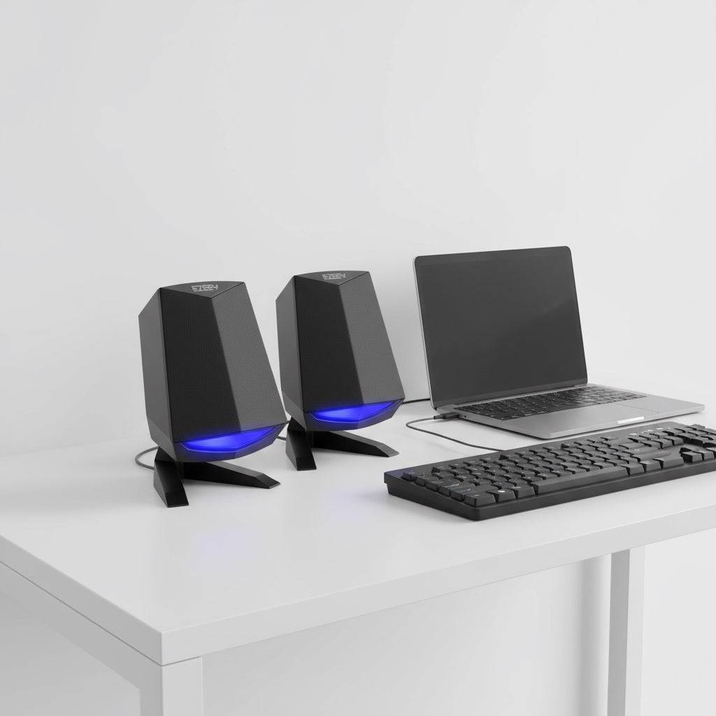 USB computer multimedia speaker set with compact black angular design and blue LED lights on desk with laptop and keyboard