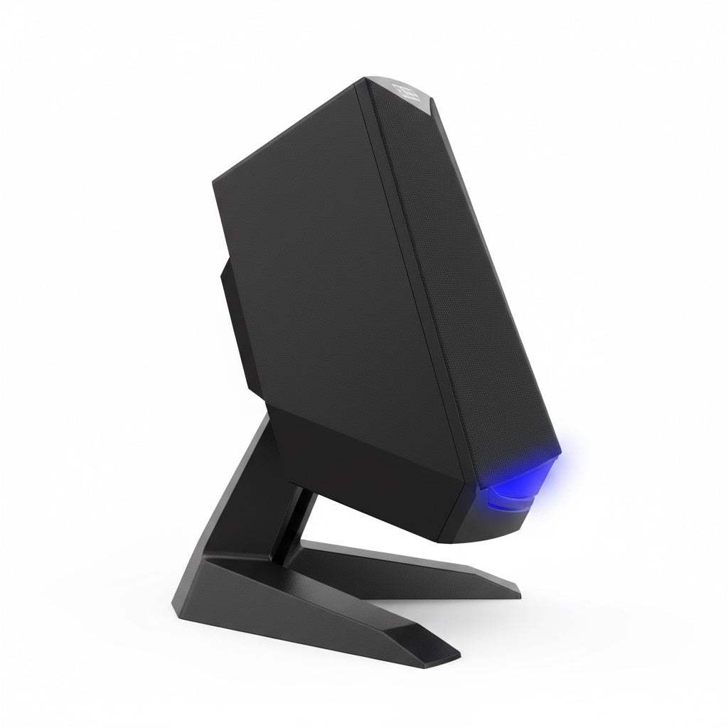 Compact USB computer multimedia speaker with angular design and blue LED accent